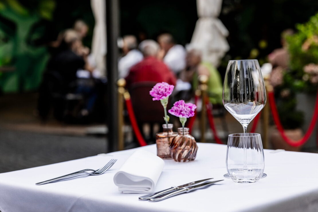 gedeckter Tisch im Garten mit Gaesten im Hintergrund